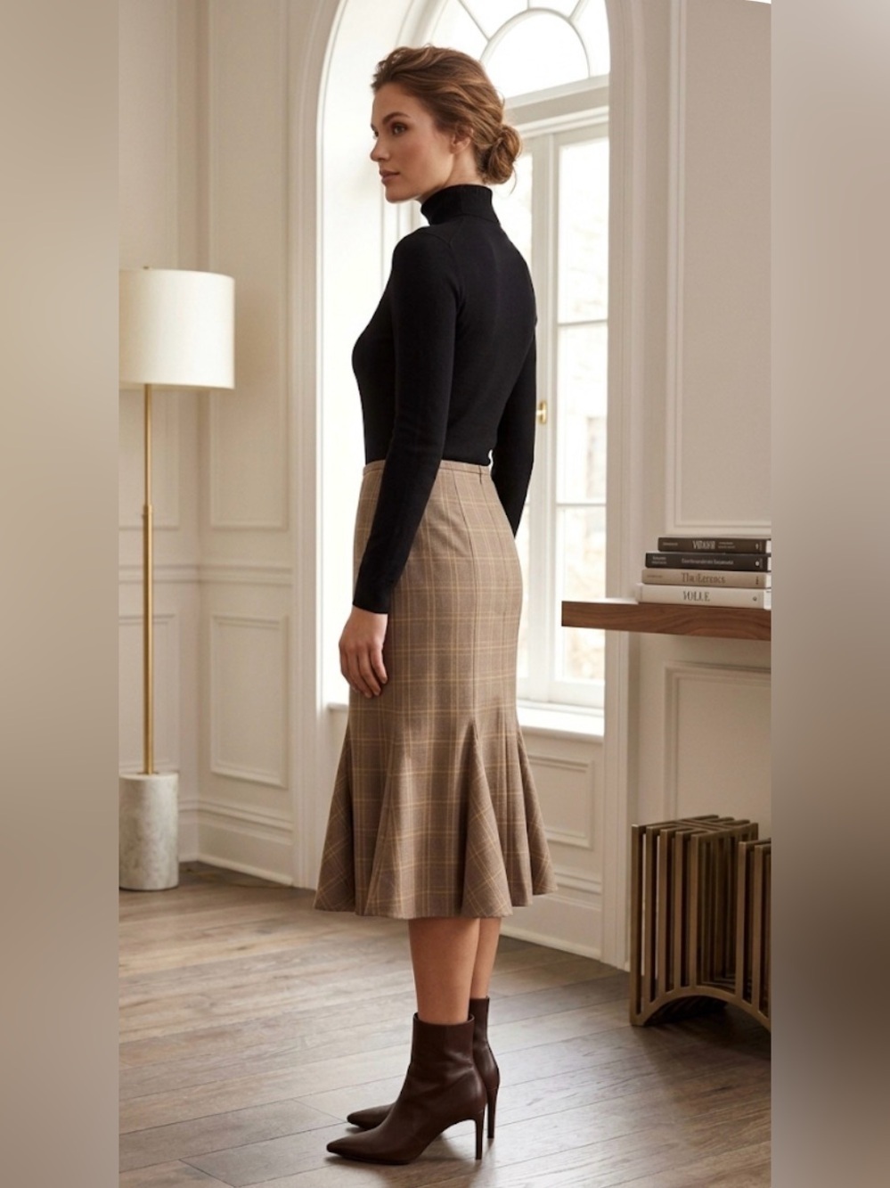 Nine West Brown Plaid Midi Fit & Flare Skirt -Sz 12
